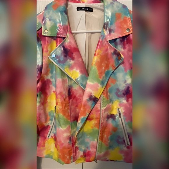 SHEIN Tie Dye rainbow PU/faux Leather Moto Jacket size XL - Picture 2 of 6